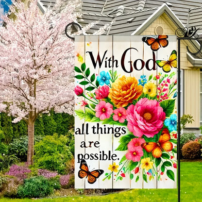 God Garden Flag, Suitable For Gardens, Lawns, Linen Imitation Wood-Patterned Flower, Home Decoration