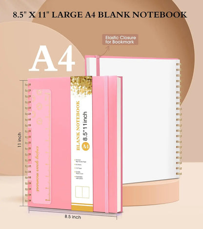 A4 Blank Spiral Notebook 8.5x11 Pink Sketchbook, 100 GSM Thick Paper Drawing Journal for Women Men, Plastic Hardcover