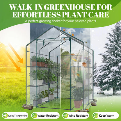 56-Inch Portable Walk-In Greenhouse with Shelf Transparent Multi-Tier Plant Growing Rack for Indoor and Outdoor Garden Patio