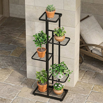 Zoyiancy 5 Tier Black Metal Plant Stand, Narrow Indoor Outdoor Plant Rack With Grid Shelves For Balcony Corner