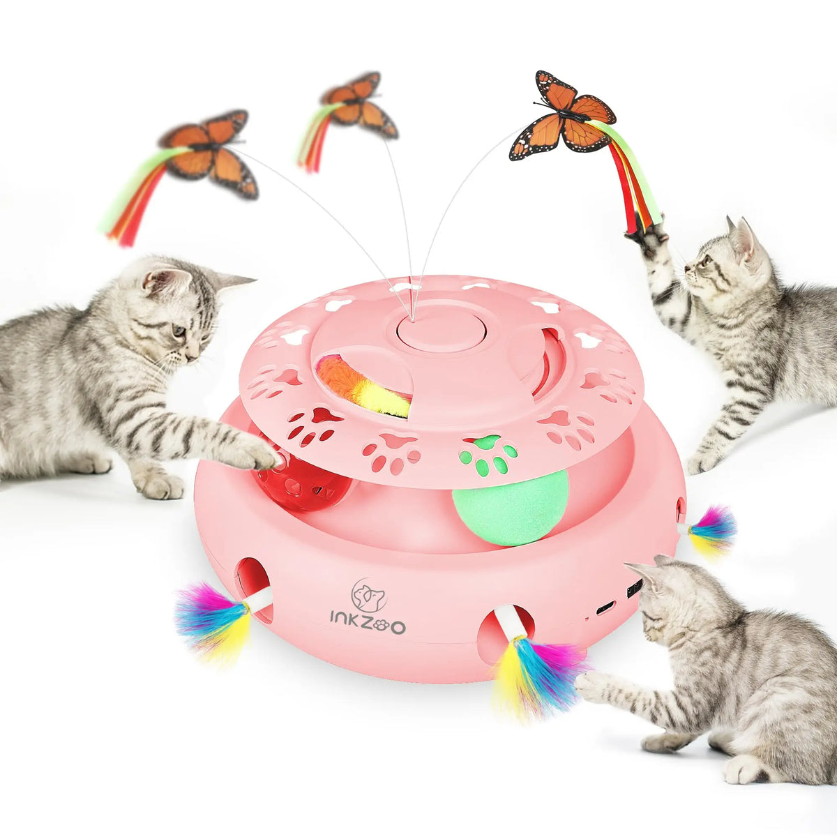 4-in-1 Interactive Cat Toys for Indoor, Automatic 6 Holes Mice Whack-A-Mole, Fluttering Butterfly, Track Balls, USB