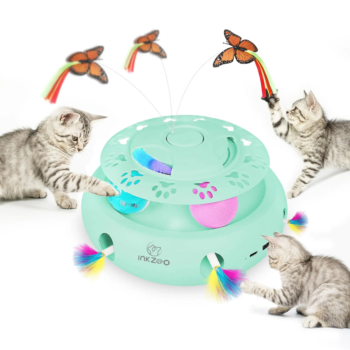 4-in-1 Interactive Cat Toys for Indoor, Automatic 6 Holes Mice Whack-A-Mole, Fluttering Butterfly, Track Balls, USB