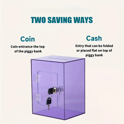 Transparent Acrylic Piggy Bank, Large Capacity, Sturdy and Durable, Cash Coin Piggy Bank with Key Function