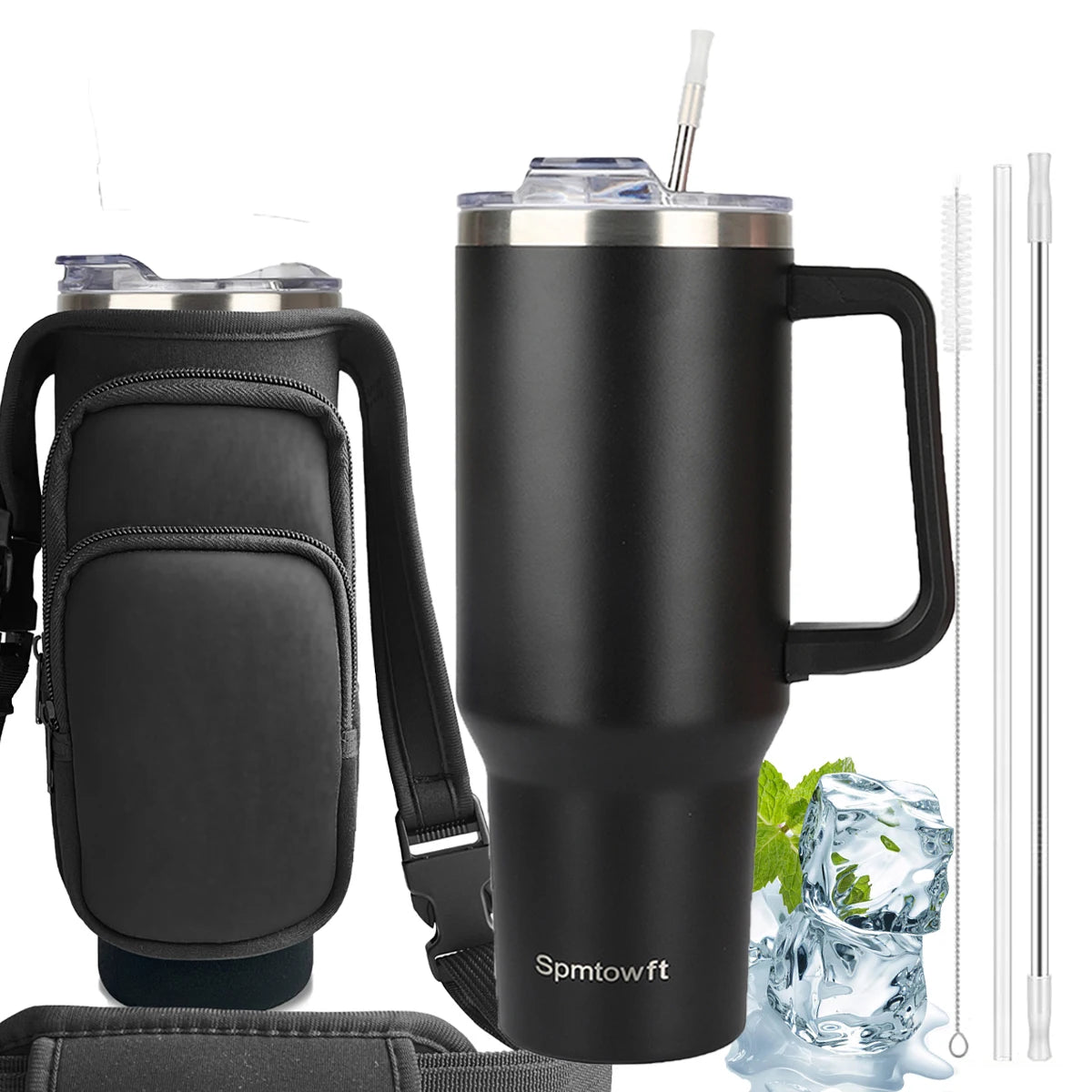 Sports 40oz Tumbler with Handle and 2 Straws, 2in 1 Lid Insulated Water Bottle Stainless Steel for Cold And Hot