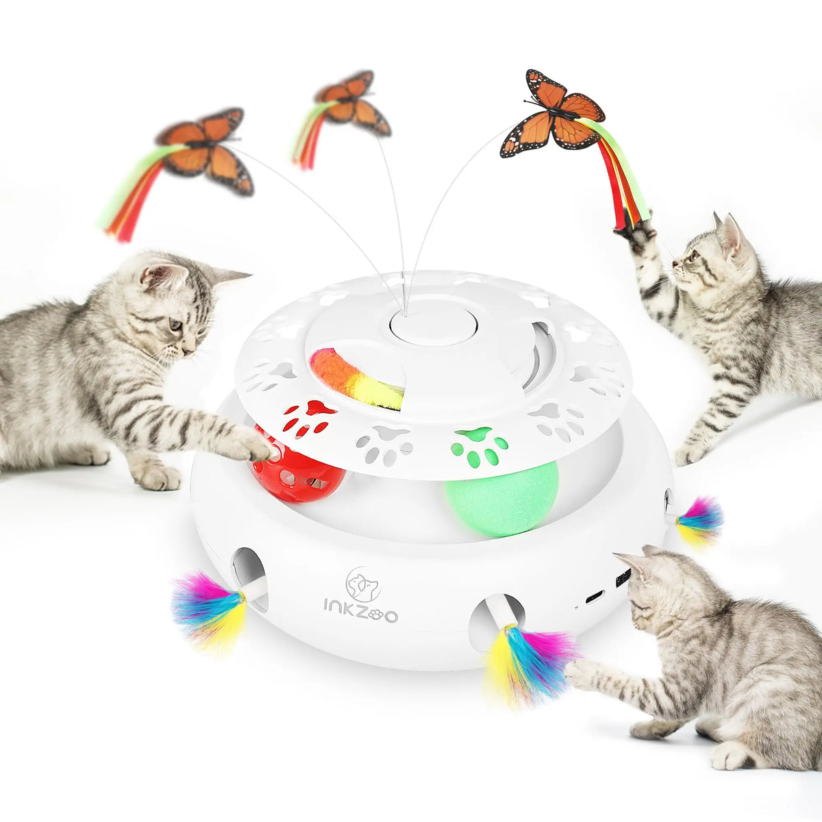 4-in-1 Interactive Cat Toys for Indoor, Automatic 6 Holes Mice Whack-A-Mole, Fluttering Butterfly, Track Balls, USB