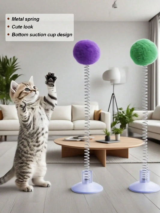 Interactive Cat Toys, Includes Plush Ball, Metal Spring Teaser Wand And Suction Cup Base, Bright Color Durable Design, Battery-Free, Suitable For All Cat Breeds, Stimulates Hunting Instincts And Play Interest, Simulated Hunti