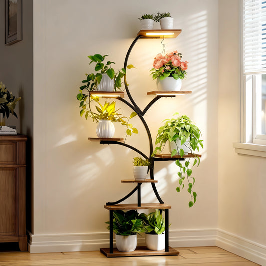 8‑Tier Metal Plant Stand with LED Grow Lights, Irregular Multi‑Layer Flower Rack for Multiple Potted Plants, Heavy Duty Display Shelf for Indoor/Outdoor