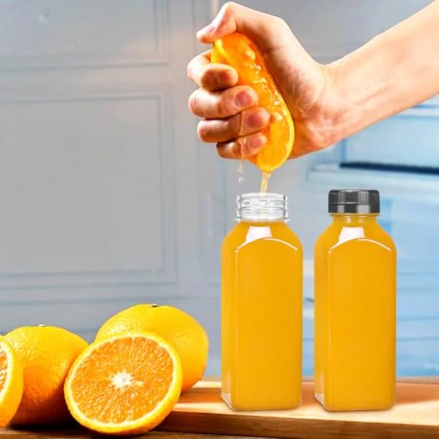 Juice Bottles with Lids, 6 pcs Plastic Juice Containers with Caps Reusable for Juice Milk Coffee Water