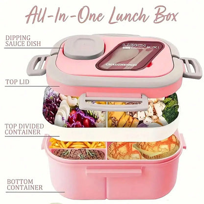 2-Layer Multi-Compartment Lunch Box Set: Lunch Box + Cup + Bag. Includes Cutlery And Sauce Container
