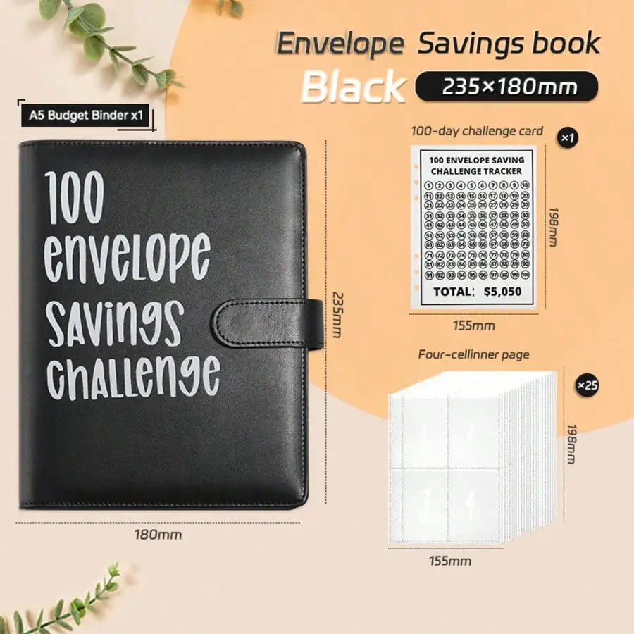 100 Envelope Savings Challenge Binder, Book with Envelopes, Leather, Cash Envelope Wallet for Budgeting & Financial Planning