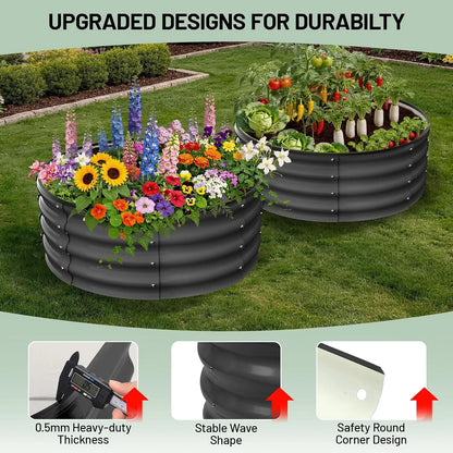 2Pcs, 2x2x1 FT Round Raised Garden Bed, Galvanized Garden Beds, Metal Planter with Gloves and Rubber Edge Trim, for Vegetables, Flowers and Herbs