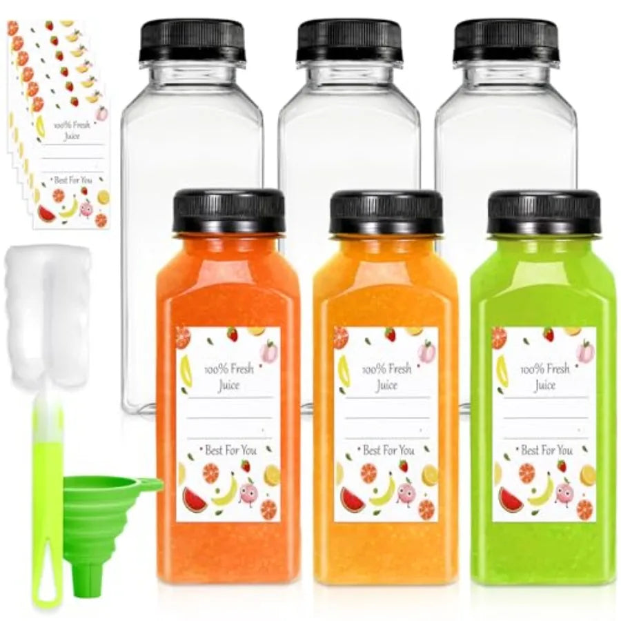 Juice Bottles with Lids, 6 pcs Plastic Juice Containers with Caps Reusable for Juice Milk Coffee Water