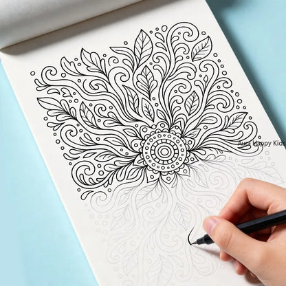 24 Page Adult Themed Coloring and Tracing Book, Featuring Symmetrical Flower Leaves, Mandalas, Space, Flowers, and Other Themes