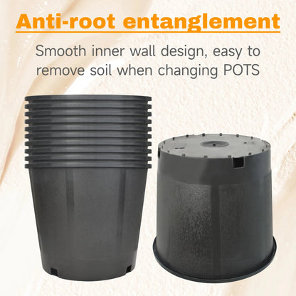 Short Garden Plastic Flower Pots, Seedling Pots, Planting Pots -10 3-Gallon Circular Black Flower Pots for Indoor/Outdoor Plants, W/ Drainage Holes