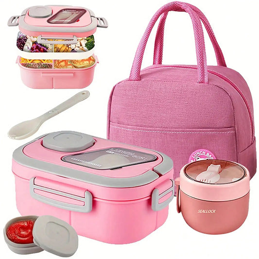 2-Layer Multi-Compartment Lunch Box Set: Lunch Box + Cup + Bag. Includes Cutlery And Sauce Container