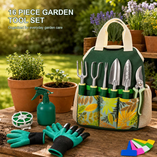 16 Piece Garden Tool Set Aluminum Alloy Gardening Hand Tools Kit with Floral Tote Bag Gloves Spray Bottle Plant Labels Twist Tie