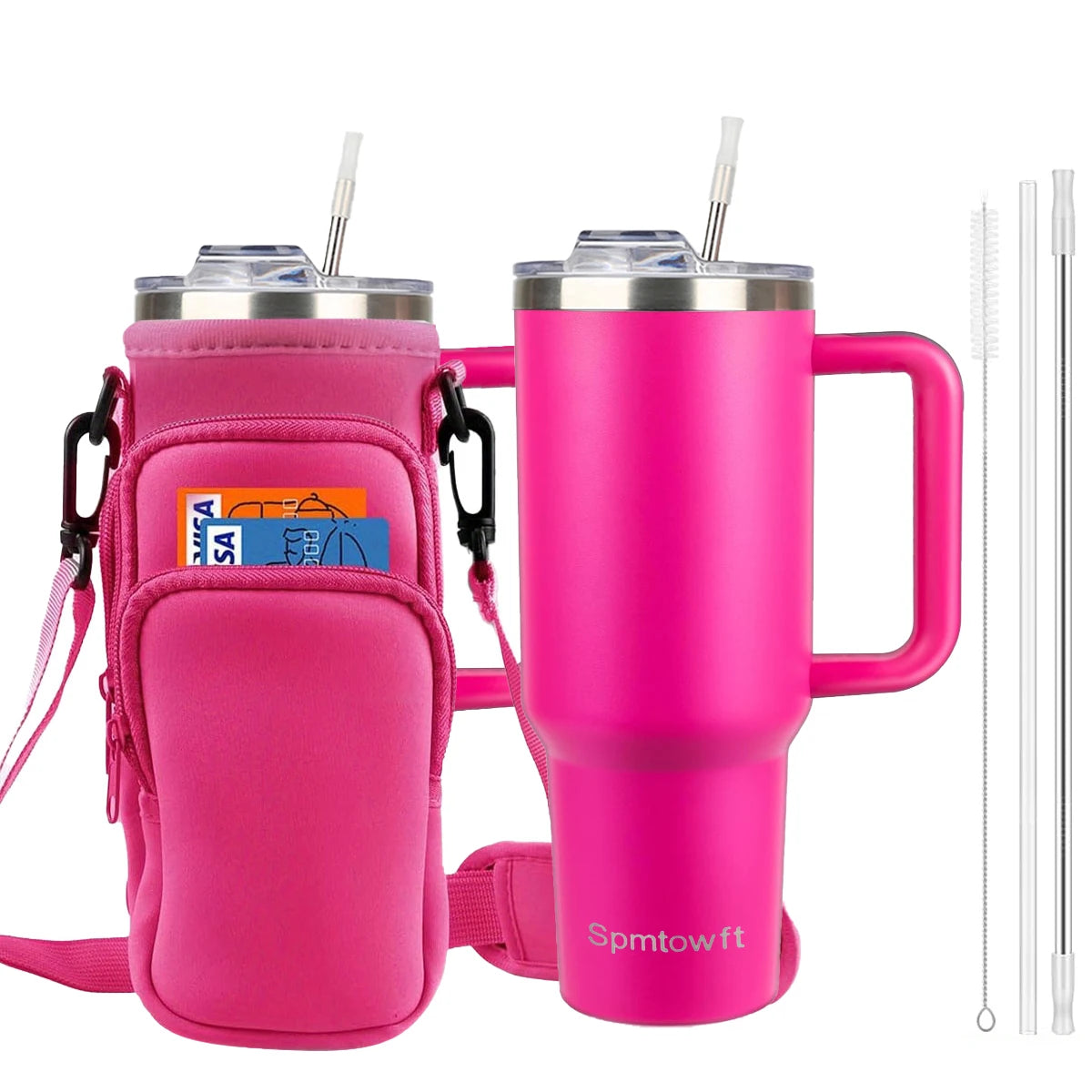 Sports 40oz Tumbler with Handle and 2 Straws, 2in 1 Lid Insulated Water Bottle Stainless Steel for Cold And Hot