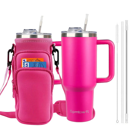 Sports 40oz Tumbler with Handle and 2 Straws, 2in 1 Lid Insulated Water Bottle Stainless Steel for Cold And Hot