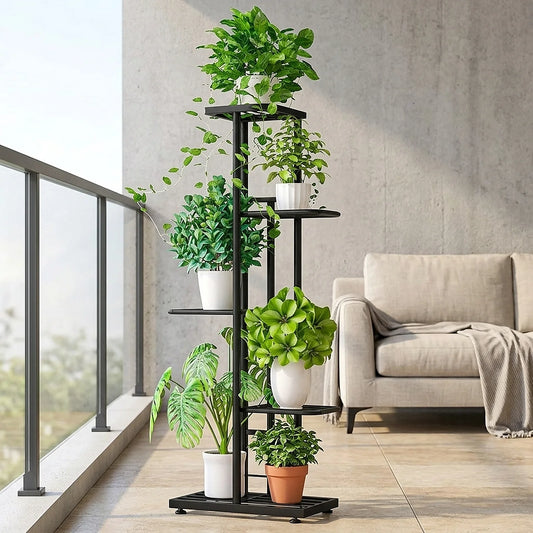 Zoyiancy 5 Tier Black Metal Plant Stand, Narrow Indoor Outdoor Plant Rack With Grid Shelves For Balcony Corner