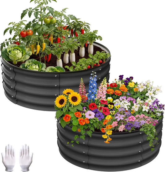 2Pcs, 2x2x1 FT Round Raised Garden Bed, Galvanized Garden Beds, Metal Planter with Gloves and Rubber Edge Trim, for Vegetables, Flowers and Herbs