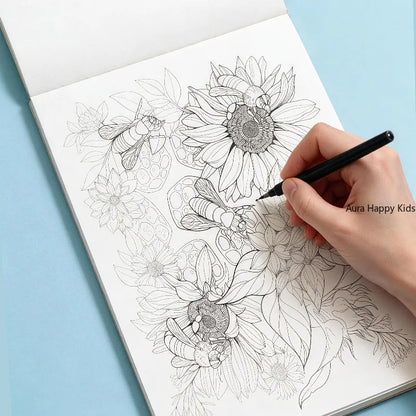 24 Page Adult Themed Coloring and Tracing Book, Featuring Symmetrical Flower Leaves, Mandalas, Space, Flowers, and Other Themes