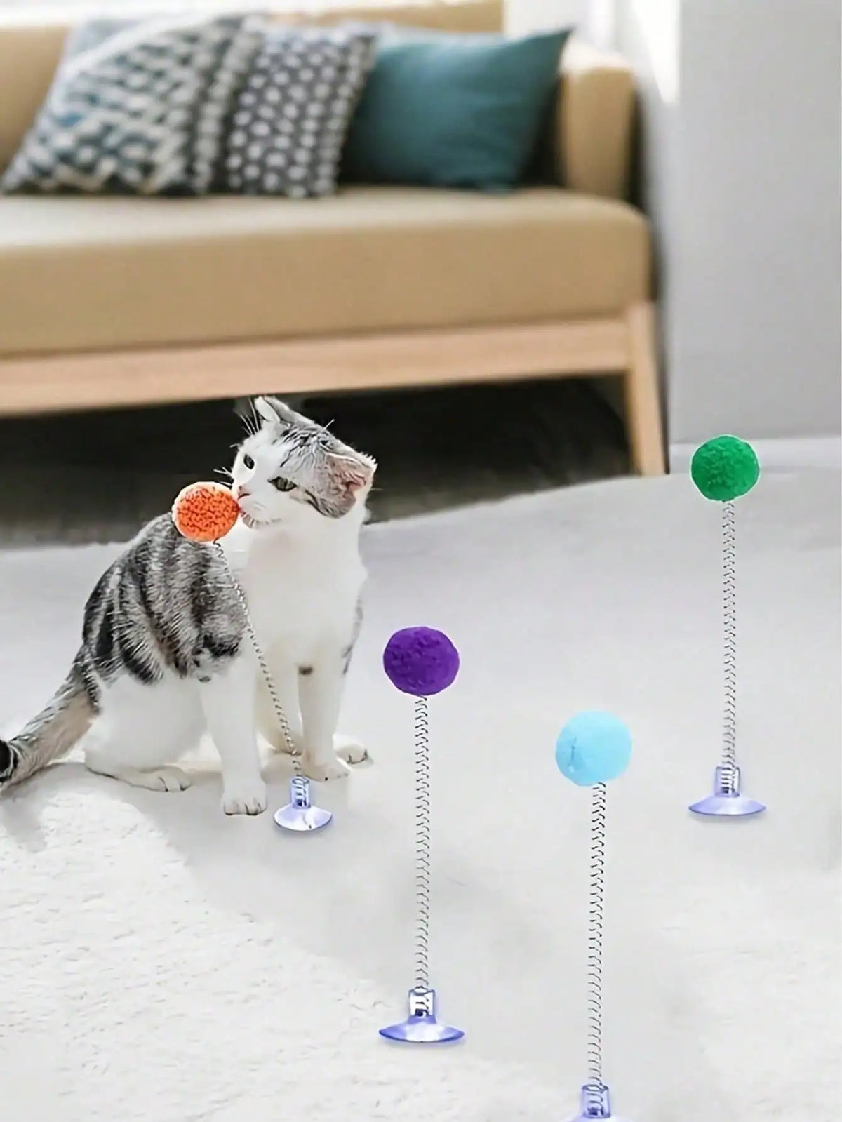 Interactive Cat Toys, Includes Plush Ball, Metal Spring Teaser Wand And Suction Cup Base, Bright Color Durable Design, Battery-Free, Suitable For All Cat Breeds, Stimulates Hunting Instincts And Play Interest, Simulated Hunti