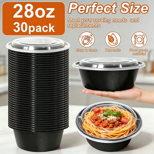 30 Sets Black Reusable 28oz Meal Prep Containers, Washable Plastic To-Go Food Boxes, Daily Meal Storage