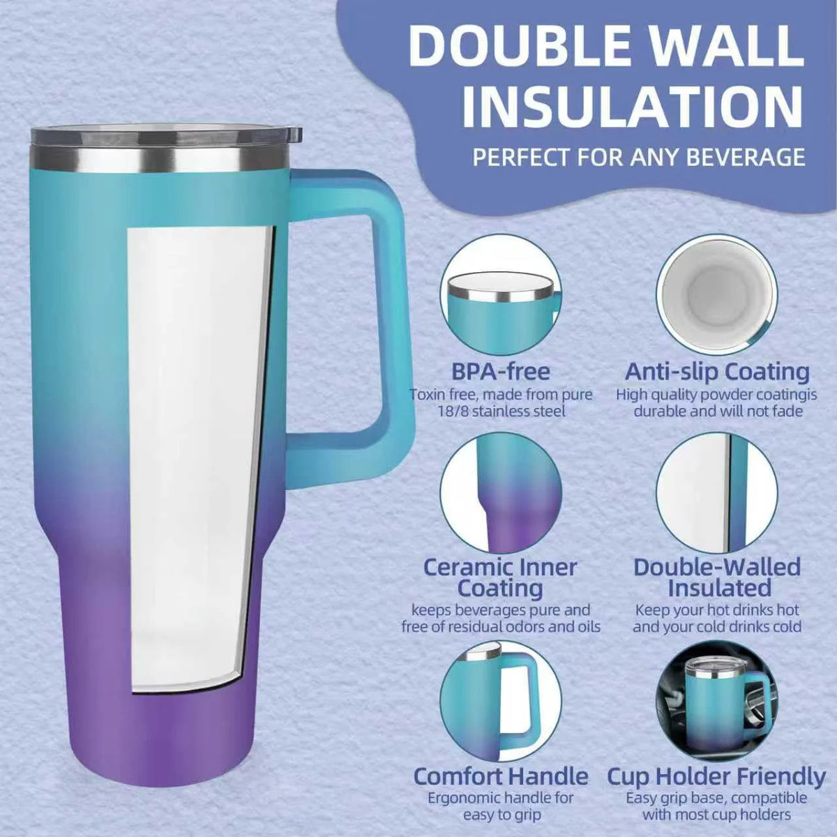 Sports 40oz Tumbler with Handle and 2 Straws, 2in 1 Lid Insulated Water Bottle Stainless Steel for Cold And Hot