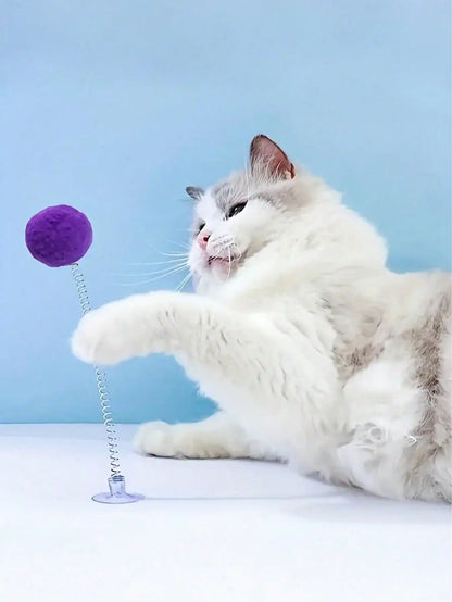 Interactive Cat Toys, Includes Plush Ball, Metal Spring Teaser Wand And Suction Cup Base, Bright Color Durable Design, Battery-Free, Suitable For All Cat Breeds, Stimulates Hunting Instincts And Play Interest, Simulated Hunti