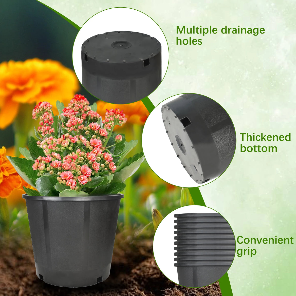 Short Garden Plastic Flower Pots, Seedling Pots, Planting Pots -10 3-Gallon Circular Black Flower Pots for Indoor/Outdoor Plants, W/ Drainage Holes