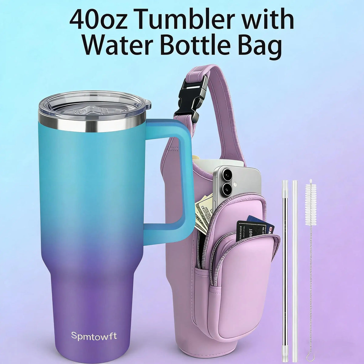 Sports 40oz Tumbler with Handle and 2 Straws, 2in 1 Lid Insulated Water Bottle Stainless Steel for Cold And Hot