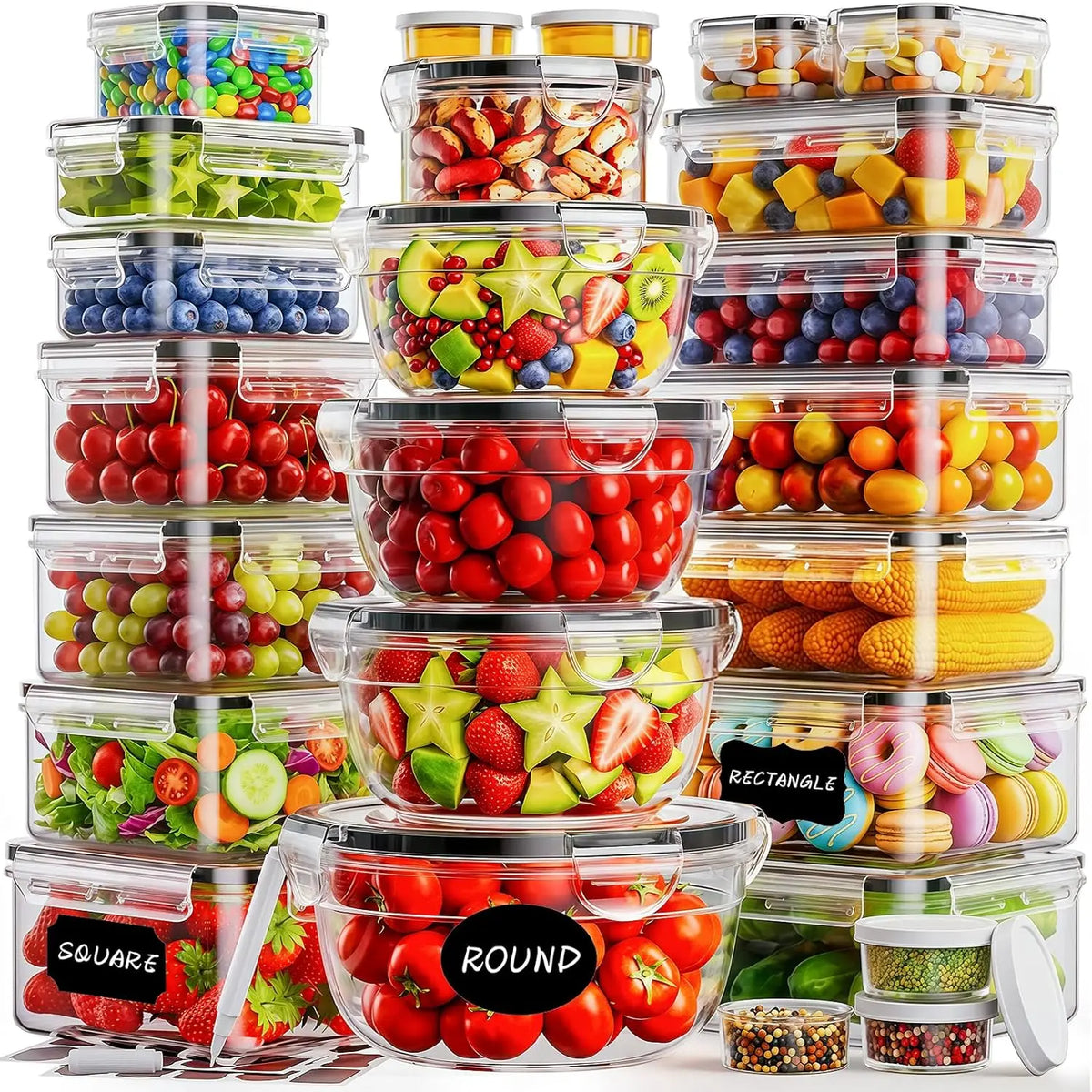50 PCS Food Storage with Lids (25 Containers & 25 Lids) - Reusable Plastic for Kitchen Storage and Organization BPA-Free Leakproof with Labels & Pen