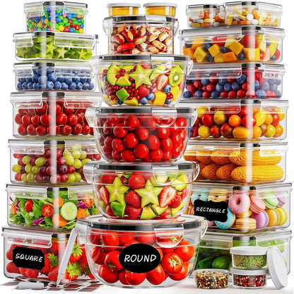 50 PCS Food Storage with Lids (25 Containers & 25 Lids) - Reusable Plastic for Kitchen Storage and Organization BPA-Free Leakproof with Labels & Pen