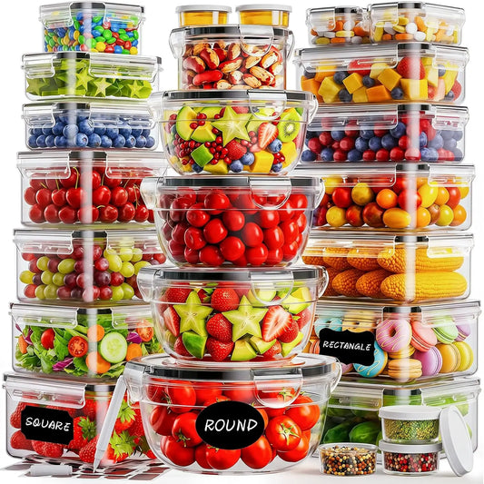 50 PCS Food Storage with Lids (25 Containers & 25 Lids) - Reusable Plastic for Kitchen Storage and Organization BPA-Free Leakproof with Labels & Pen