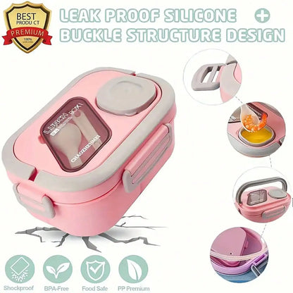 2-Layer Multi-Compartment Lunch Box Set: Lunch Box + Cup + Bag. Includes Cutlery And Sauce Container
