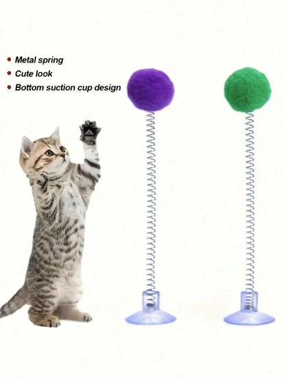 Interactive Cat Toys, Includes Plush Ball, Metal Spring Teaser Wand And Suction Cup Base, Bright Color Durable Design, Battery-Free, Suitable For All Cat Breeds, Stimulates Hunting Instincts And Play Interest, Simulated Hunti