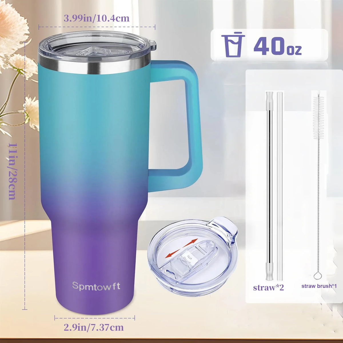 Sports 40oz Tumbler with Handle and 2 Straws, 2in 1 Lid Insulated Water Bottle Stainless Steel for Cold And Hot