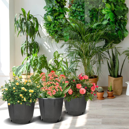 Short Garden Plastic Flower Pots, Seedling Pots, Planting Pots -10 3-Gallon Circular Black Flower Pots for Indoor/Outdoor Plants, W/ Drainage Holes