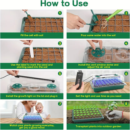4 Sets of Seed Germination Tray Sets, Equipped with High-Dome Seed Germination Kit - 160 Cells, 8 LED Grow Lights, Smart Timer,