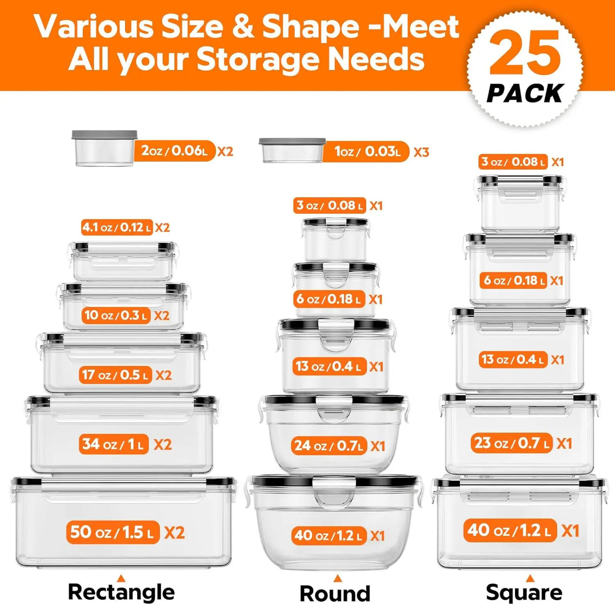 50 PCS Food Storage with Lids (25 Containers & 25 Lids) - Reusable Plastic for Kitchen Storage and Organization BPA-Free Leakproof with Labels & Pen