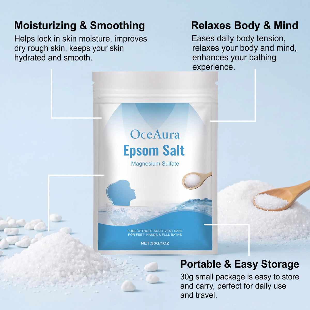 Pure Epsom Salt Magnesium Sulfate for Foot Hand Full Body Bath Soothing Relaxing Moisturizing Skincare
