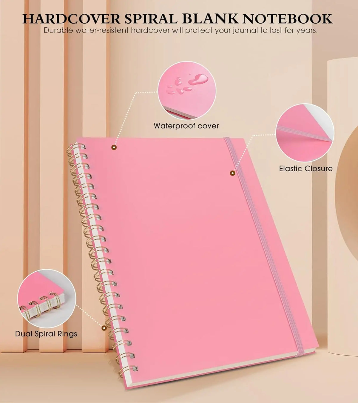 A4 Blank Spiral Notebook 8.5x11 Pink Sketchbook, 100 GSM Thick Paper Drawing Journal for Women Men, Plastic Hardcover
