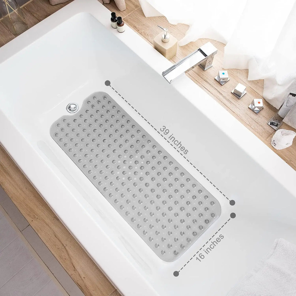 Extra Long Non-Slip Bathtub Mat 39x16 Inch with Drain Holes and Suction Cups for Shower Tub, Machine Washable