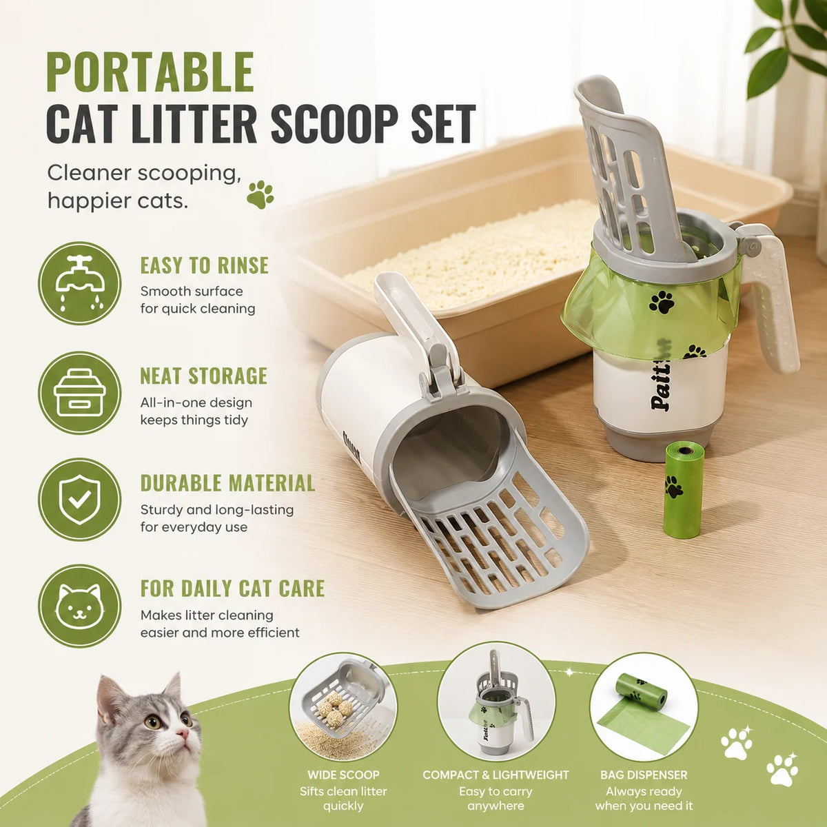 Large-Capacity Cat Litter Scoop with Integrated Waste Bin – Portable, Easy-to-Clean Plastic Pet Waste Scoop