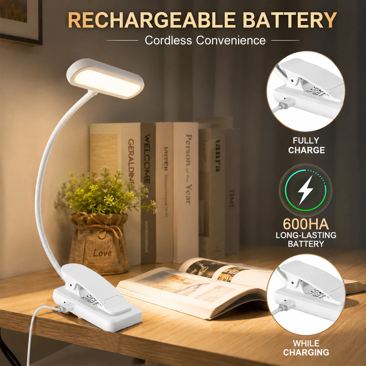 2PCS LED USB Rechargeable Book Light 3 Color Modes Warm Cool White Daylight Portable Adjustable Flexible Gooseneck Sturdy Clip On Reading Lamp