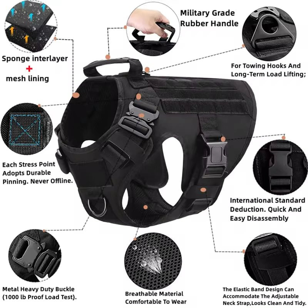 Tactical Dog Harness Collar Leash For Medium Large Dogs Pet Training Walking