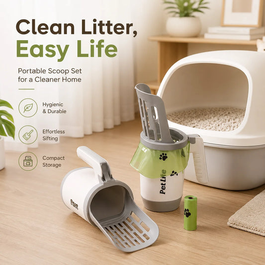 Large-Capacity Cat Litter Scoop with Integrated Waste Bin – Portable, Easy-to-Clean Plastic Pet Waste Scoop