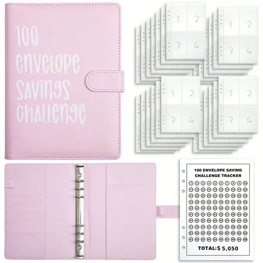 100 Envelope Savings Challenge Binder, Book with Envelopes, Leather, Cash Envelope Wallet for Budgeting & Financial Planning