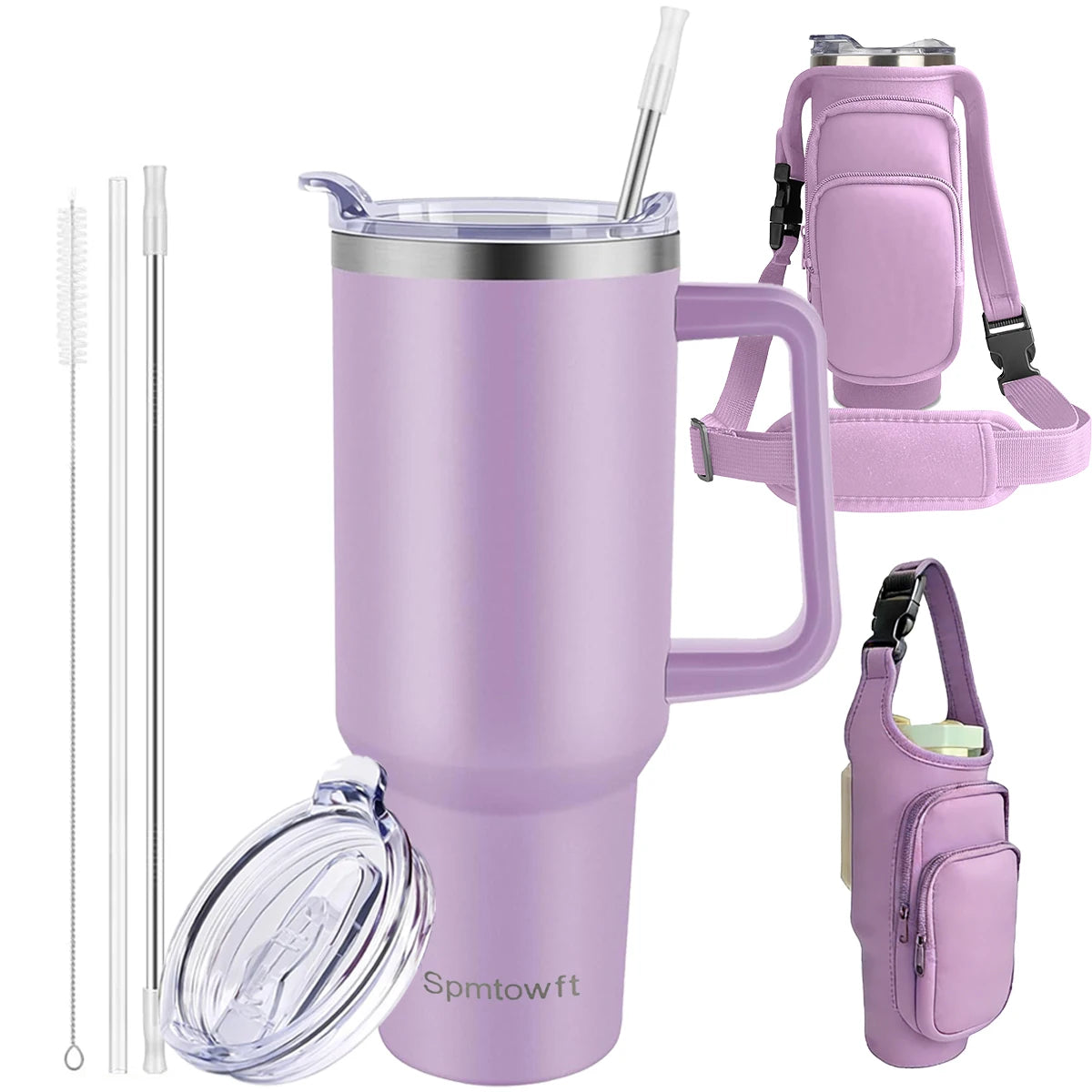 Sports 40oz Tumbler with Handle and 2 Straws, 2in 1 Lid Insulated Water Bottle Stainless Steel for Cold And Hot