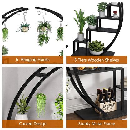 Heavy Duty 5-Tier Half Moon Metal Plant Stand With Hanging Hooks Rustproof Tall Rack W/ Multiple Space-Saving Flower Pot Shelf Display Stand For Indoor Outdoor